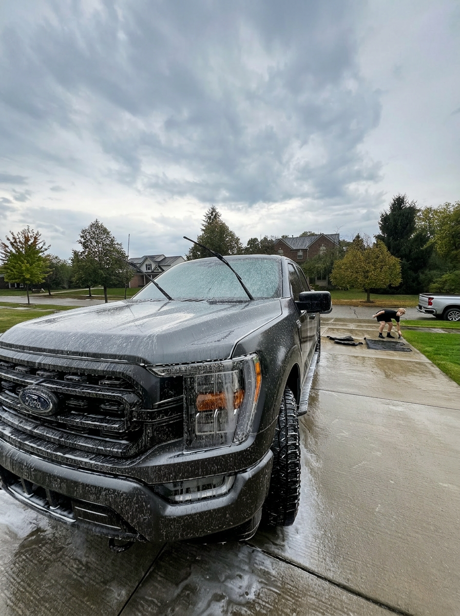 Foamed Ford F-150 mid-wash in the driveway
