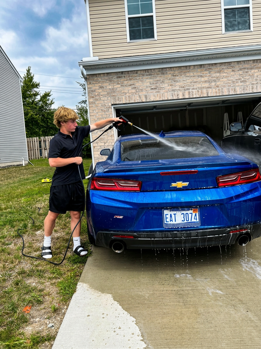Pressure washing a customer's Camaro